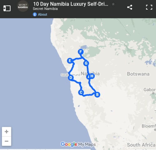 Map of 10 Day Namibia Honeymoon Self-Drive Safari