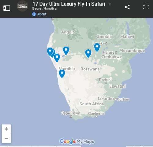 Map of 17 Day Namibia, Chobe & Vic Falls Luxury Fly-In Safari