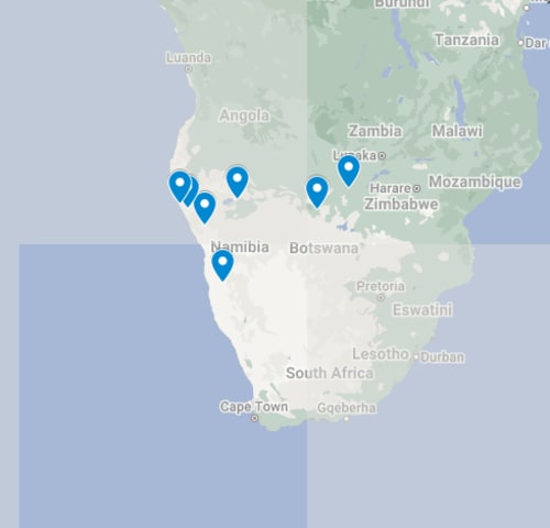 Map of 17 Day Namibia, Vic Falls & Okavango Delta Ultra Luxury Fly-In Safari