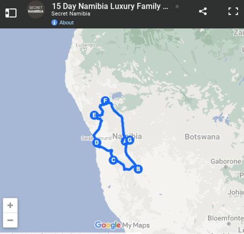 Map of 16 Day Namibia Luxury Self-Drive Safari