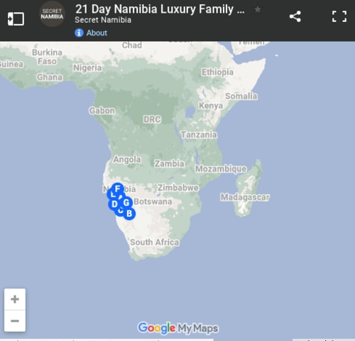 Map of 21 Day Namibia & Zanzibar Self-Drive Luxury Safari