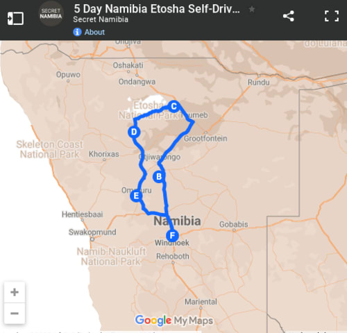 Map of 5 Day Etosha National Park Self-Drive Safari