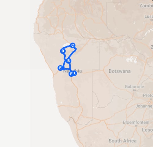 Map of 8 Day Etosha Self-Drive Adventure